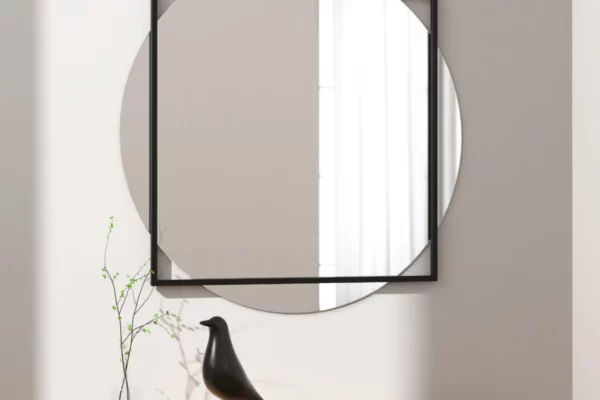 Espejo de pared redondo grande en marco de acero cuadrado